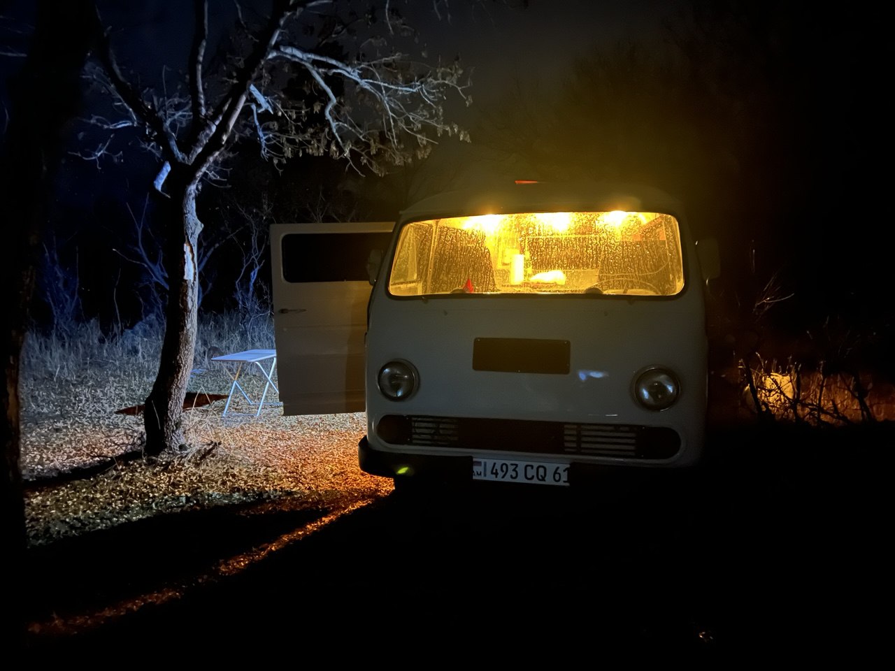 ERAZ campervan at night, first night in the woods